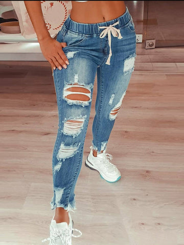 Woochic jean crayon déchiré troué coulisse taille femme pantalons bleu Bleu clair S